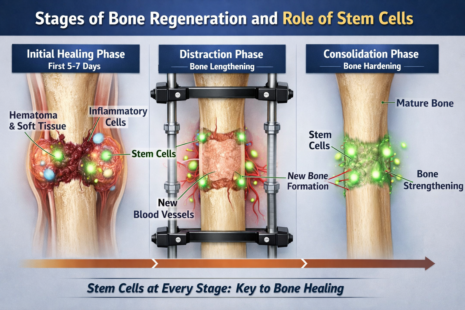 Bone regeneration stages with stem cells